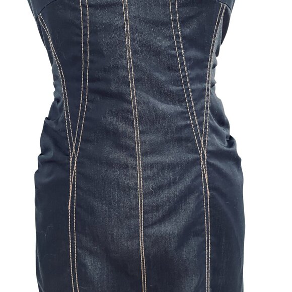 Cache Ruched Denim Corset Dress Size 4 Y2K Stitch Bodycon Club Midi Darkwash - Picture 6 of 11